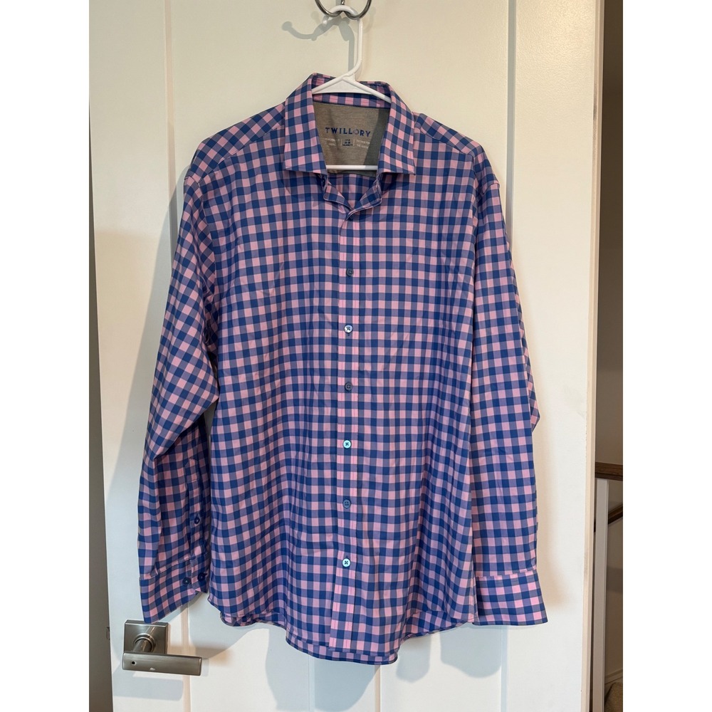 Twillory Mens Performance Dress Shirt 17.5 34-35 Tailored Fit Pink Blue Gingham